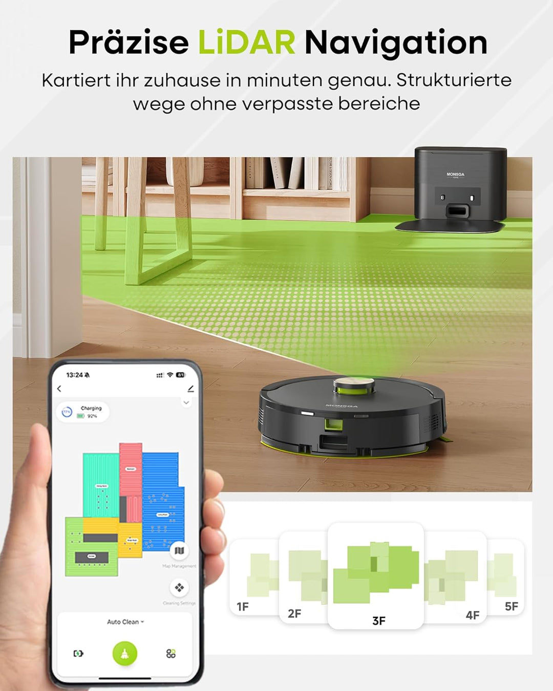 MONSGA Saugroboter mit Wischfunktion 8000PA, Staubsauger Roboter mit Absaugstation 4L, LiDAR Navigat