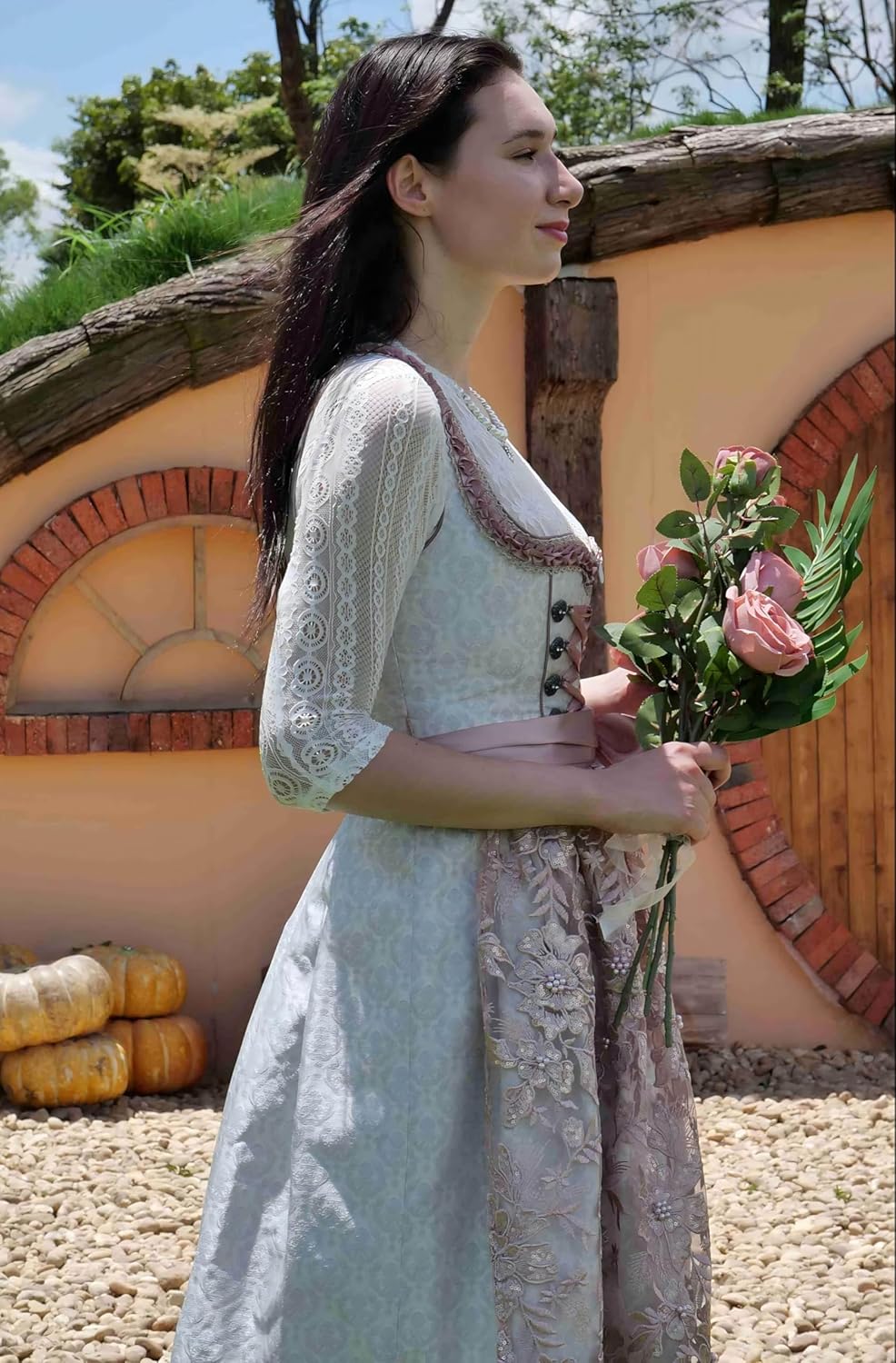 Dirndlwelle Damen Romantisch Grau Rosa Midi Dirndl inkl.Schürze Oktoberfest 60CM Trachtenkleid Gr.34
