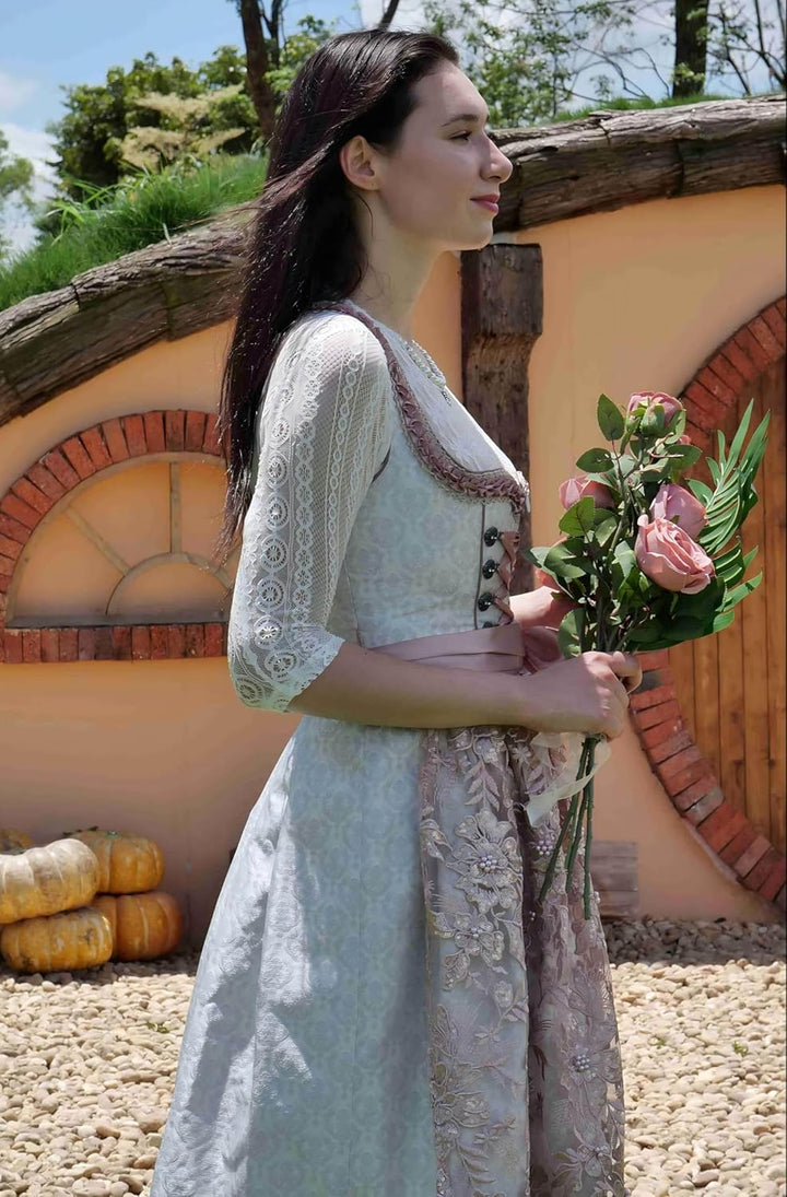 Dirndlwelle Damen Romantisch Grau Rosa Midi Dirndl inkl.Schürze Oktoberfest 60CM Trachtenkleid Gr.34