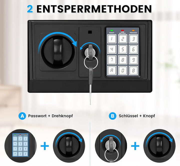 Klein Tresor für Zuhause, 15L Digitaler Möbeltresor Klein mit Feuerfester Wasserdicht Geldtasche, He