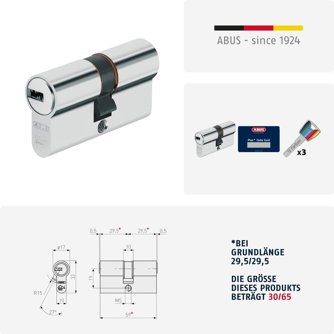 ABUS Profilzylinder XP20SN 30/65 inklusive Sicherungskarte & 3 Schlüsseln, 73722, 30/65