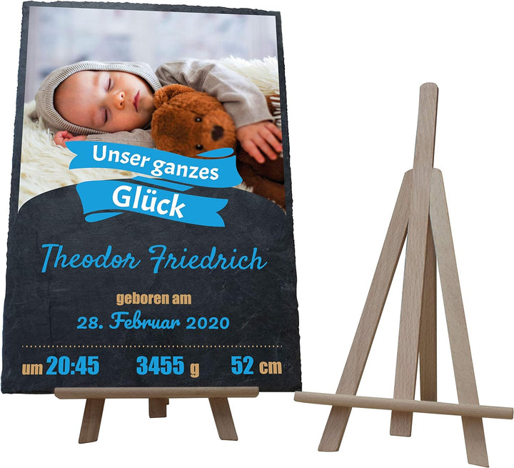 wandmotiv24 Schieferplatte mit eigenem Foto zur Geburt, 20 x 30 cm, inklusive Staffelei, Unser ganze