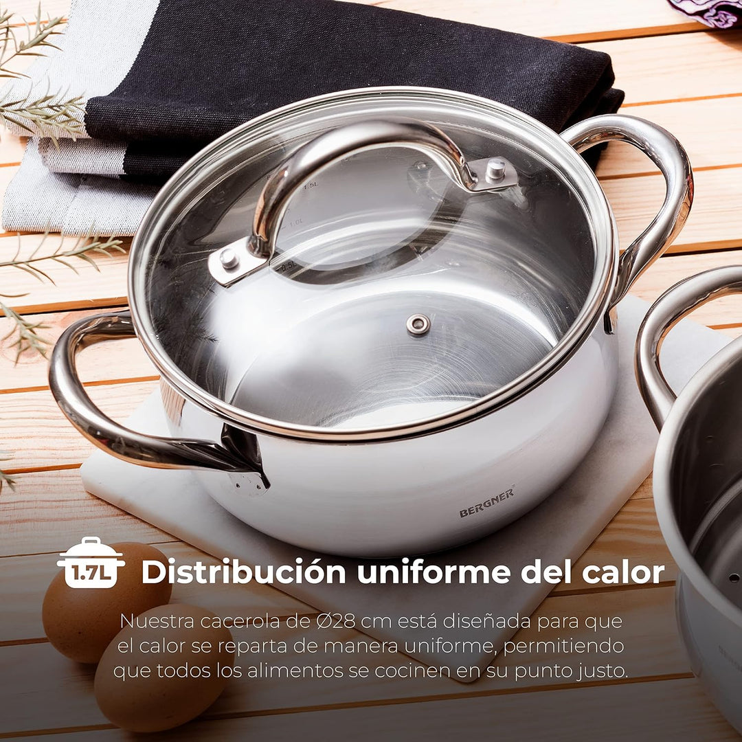 BERGNER Gourmet | Kochtopf mit Glasdeckel | 8 L Fassungsvermögen | Aus Edelstahl | Ergonomische Grif