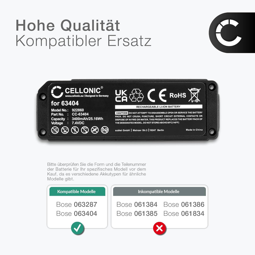 CELLONIC, Lautsprecherakku kompatibel mit Bose Soundlink Mini 1 (3400mAh, 7.4V) 1x Ersatzakku 063287