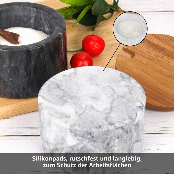 Salzstreuer Marmor mit Holzdeckel und Löffel, Hellgraue Schale | Salzdose Pfefferstreuerschale, Gewü