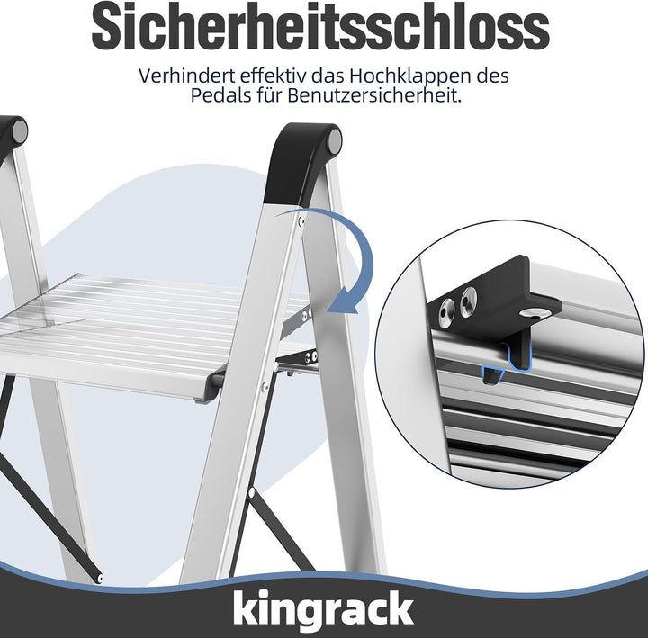 KINGRACK Trittleiter 2 Stufen Klappbar, Tritthocker aus Aluminium &amp; Stahl | Klapptritt mit Breite ru