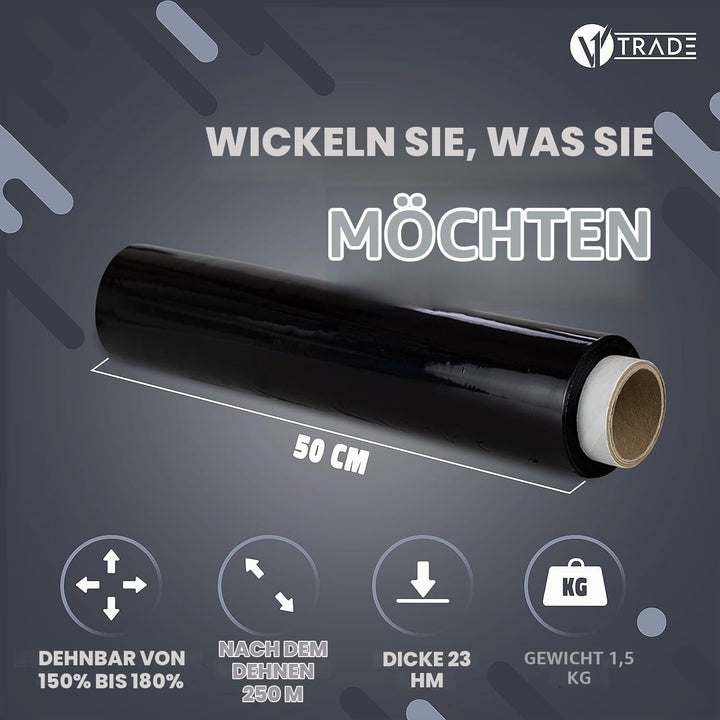 V1 TRADE Stretchfolie Schwarz Strechfolienrolle 1,5kg - Wickelfolie - Handstretchfolie 285m/50cm Ver