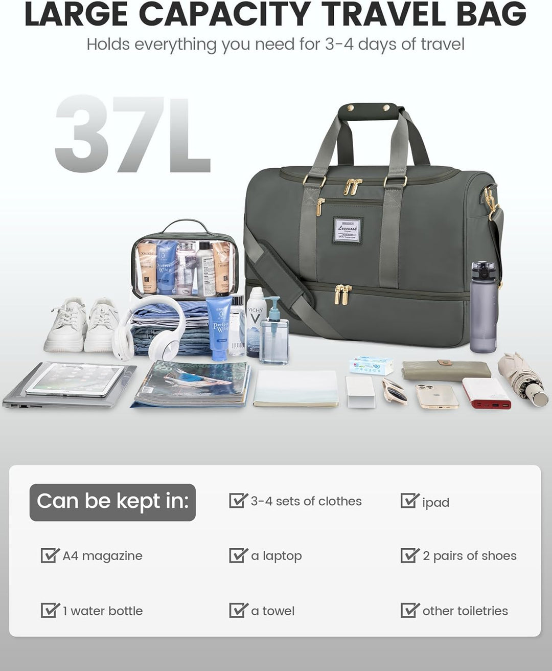 LOVEVOOK Sporttasche Reisetasche Damen, Weekender Travel Bag mit Kulturtasche, Schuhfach & Nassfach,