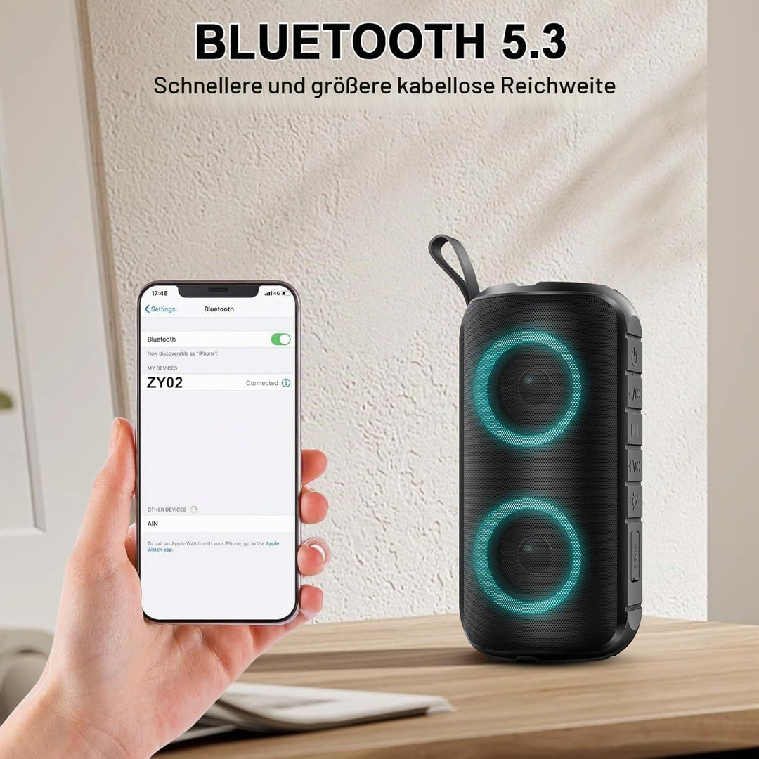 Bluetooth Lautsprecher mit Licht, RGB Blue tooth 5.3 Musikbox Tragbarer Bluetooth Box mit 20W Spitze