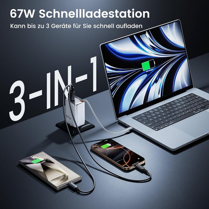 toocki USB C Ladegerät, 3Port GaN Mehrfach Ladegerät mit Schnell Einziehbares Ladekabel,67W USB C Ne