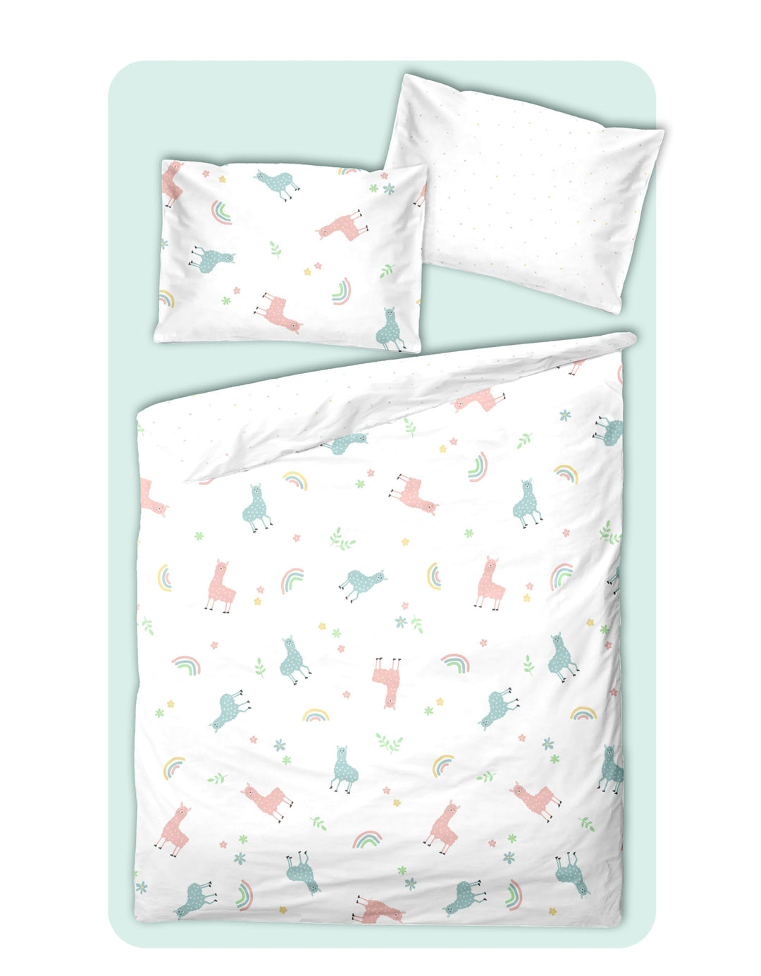 Soma Perkal Baby Wende Bettwäsche 100x135 cm Alpaka Lama Regenbogen weiss bunt Set inklusive passend
