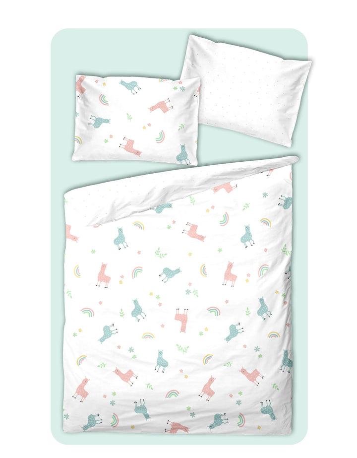 Soma Perkal Baby Wende Bettwäsche 100x135 cm Alpaka Lama Regenbogen weiss bunt Set inklusive passend