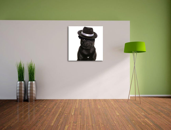 Mops mit Mafia Hut, Format: 70x70 auf Leinwand, XXL riesige Bilder fertig gerahmt mit Keilrahmen, Ku