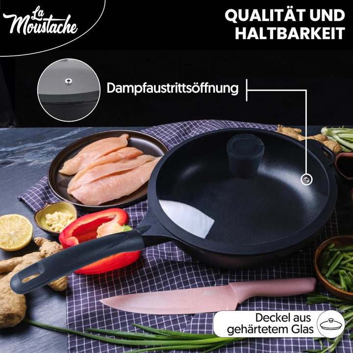 La Moustache - Pfanne 28 cm mit Glasdeckel, 100% PFOA-Freie, Optimale Wärmeverteilung - Antihaftbesc
