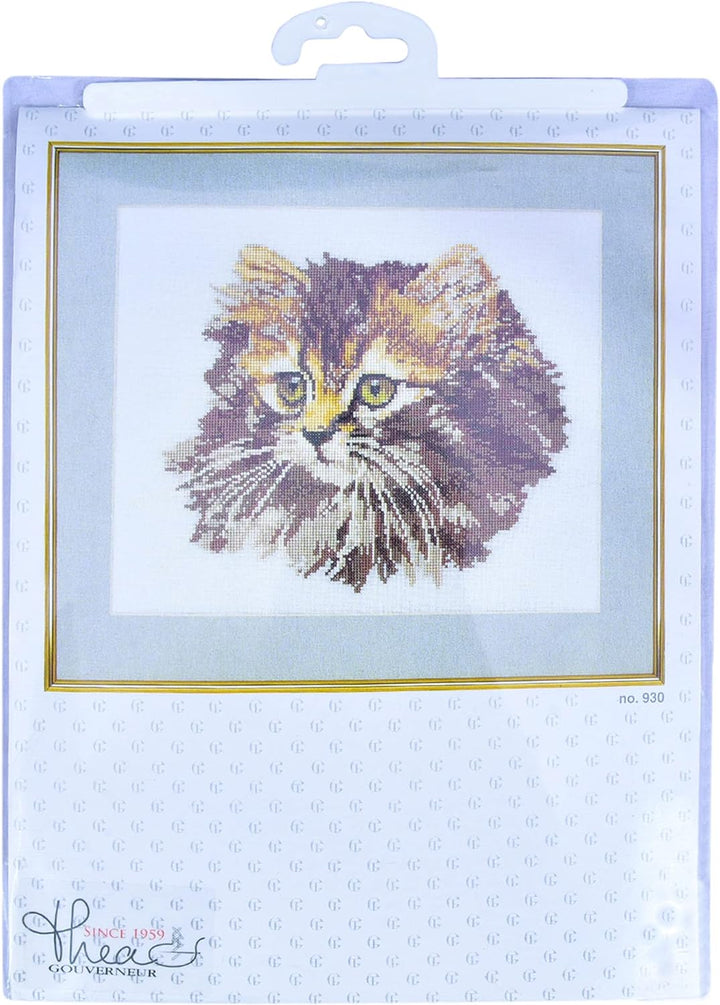 Thea Gouverneur - Kreuzstich-Set - LanghaarigeBraune Katze - Leinen - 24 Count - Für Erwachsene - 93