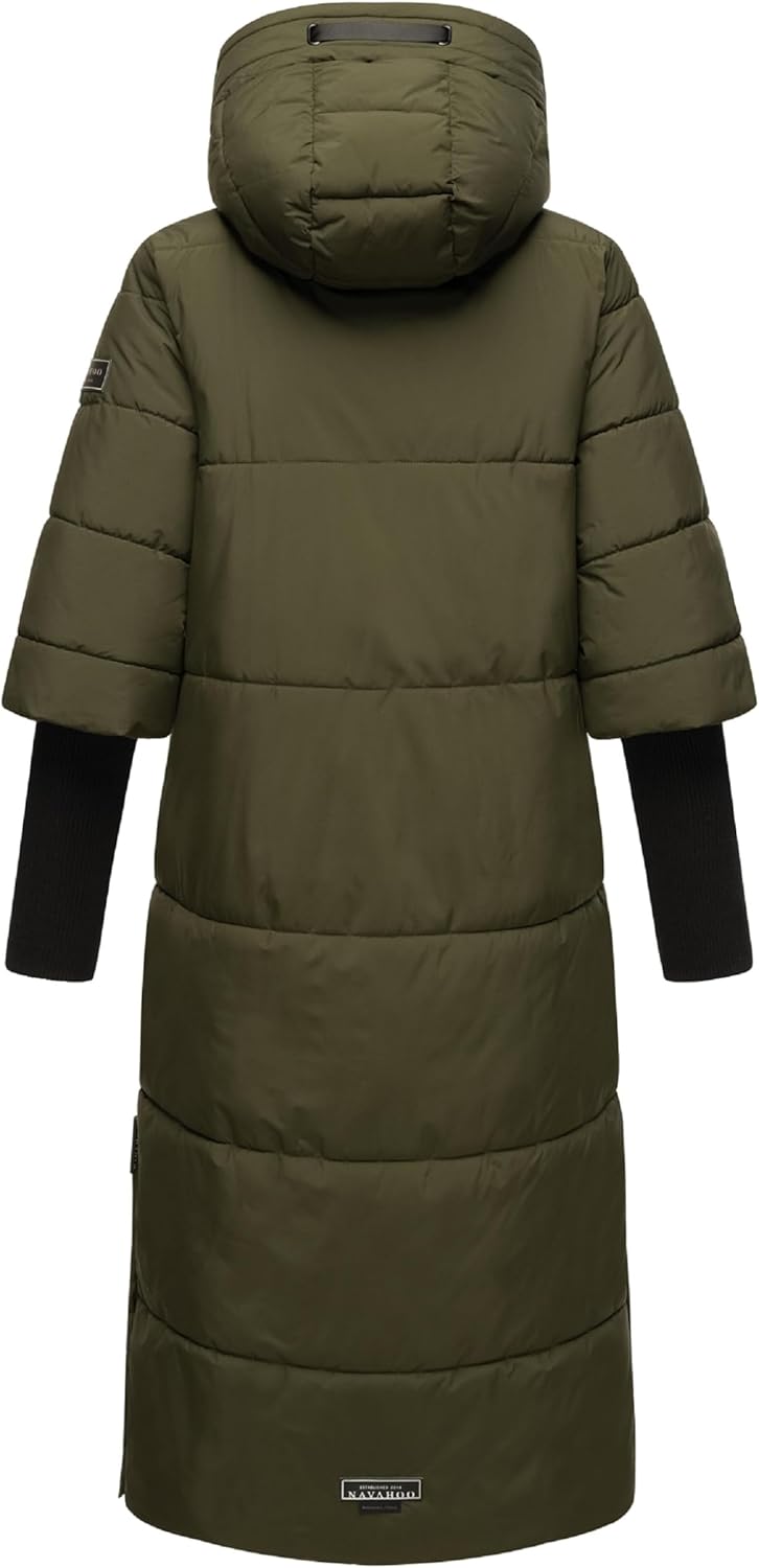 Navahoo Damen langer Wintermantel warmer Steppmantel mit Kapuze und Rippstrickärmeln Ciao Miau XIV X