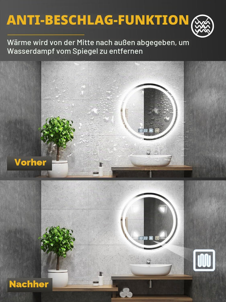 Viugreum Runder Badspiegel mit Beleuchtung, 60cm Spiegel mit Beleuchtung, Badezimmer Wandspiegel mit