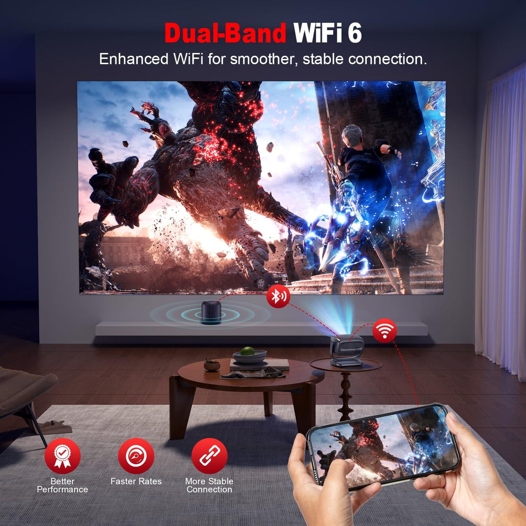 Beamer 4K,Elektrischer Fokus/Trapezkorrektur,26000 Lumen,Tragbarer Outdoor Beamer mit WiFi 6 und BT5