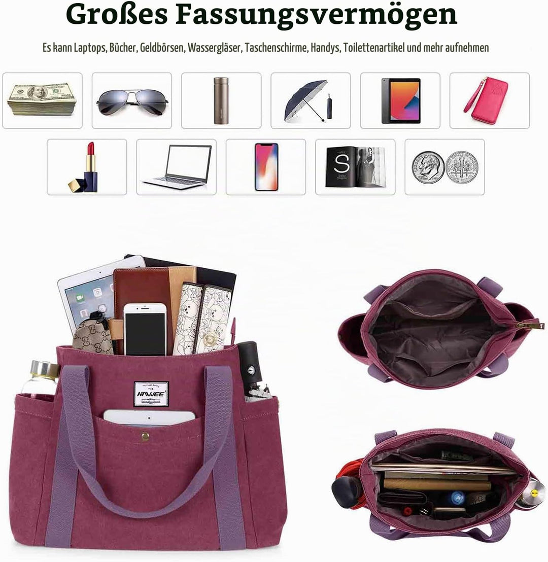 HAWEE Canvas Damen Handtasche Shopper Tote Bag Grosse Schultertasche mit Reissverschluss Umhängetasc