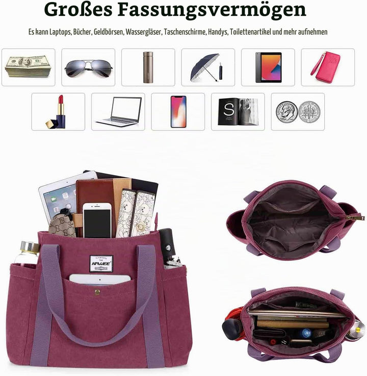 HAWEE Canvas Damen Handtasche Shopper Tote Bag Grosse Schultertasche mit Reissverschluss Umhängetasc