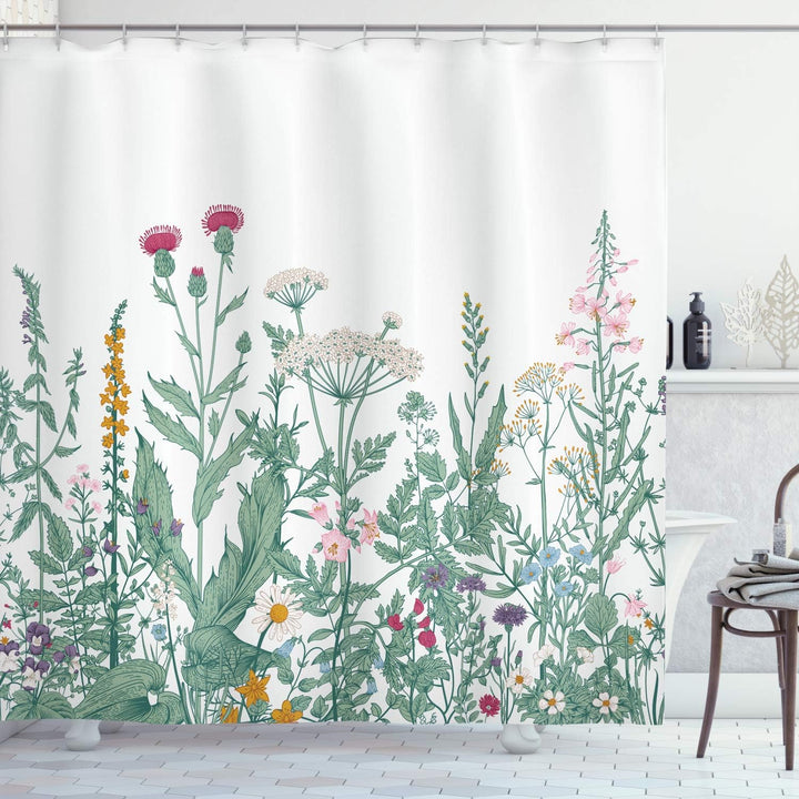 ABAKUHAUS Blumen Duschvorhang, Kerbel Moschusmalve, Wasser Blickdicht inkl.12 Ringe Langhaltig Bakte