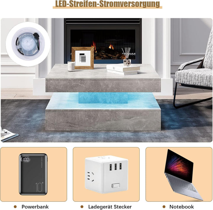 Couchtisch Wohnzimmertisch grau Matt, Sofatisch mit LED Beleuchtung modern für Wohnzimmer, 78 x 78 x