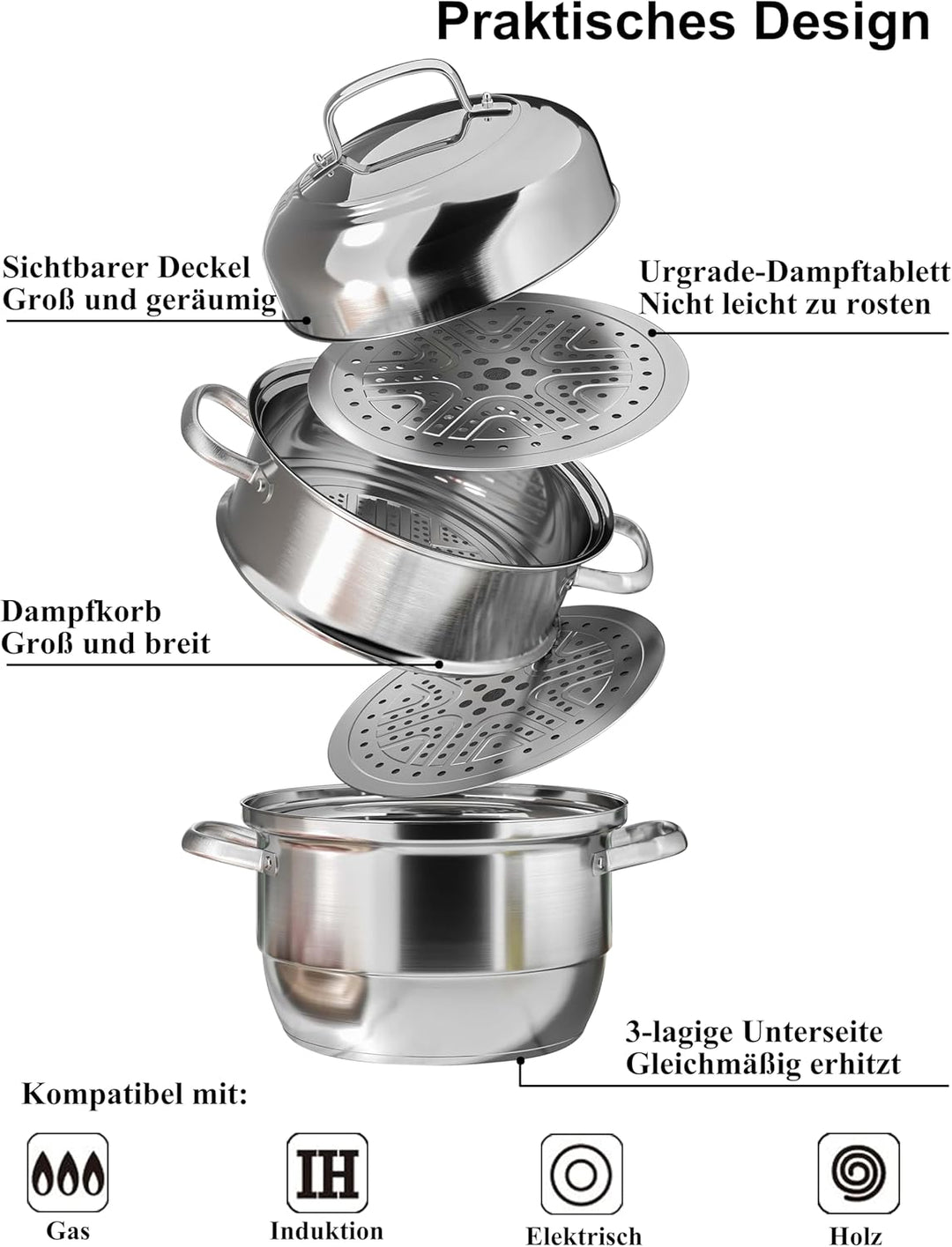 Dampfgarer Topf Induktion VENTION, Dampfkocher 32 cm, Dampftopf Gross 32cm, 32cm