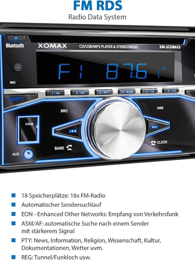 XOMAX XM-2CDB622 Autoradio mit CD-Player, Bluetooth, RDS Radio Tuner, 7 Farben einstellbar (Rot, Bla