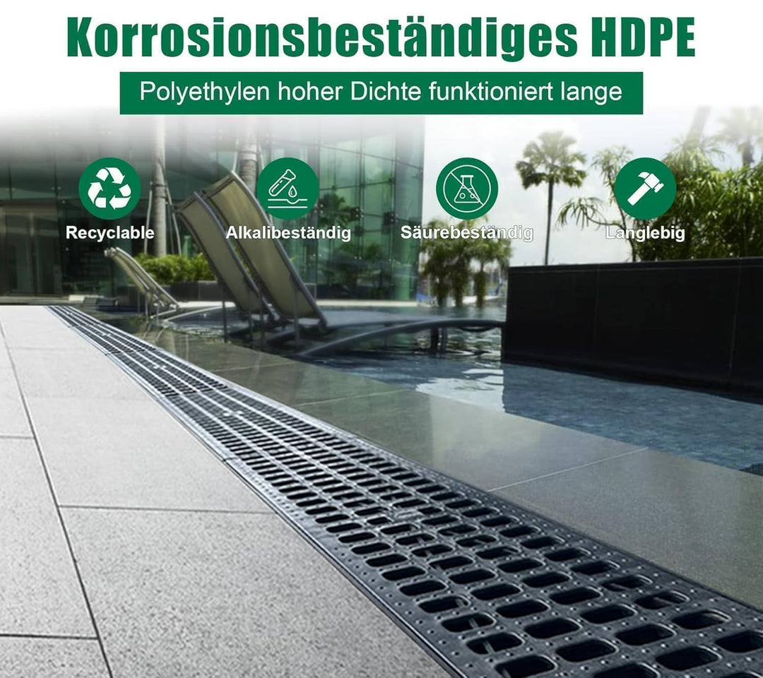 1m Entwässerungsrinne mit HDPE-Abdeckrost Bodenrinne Ablaufrinne Entwässerungssystem für Garten Terr