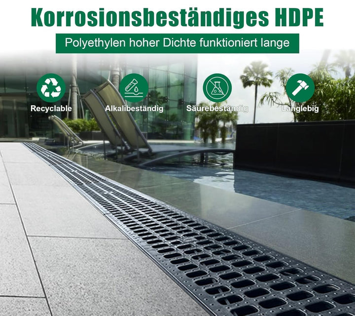 1m Entwässerungsrinne mit HDPE-Abdeckrost Bodenrinne Ablaufrinne Entwässerungssystem für Garten Terr