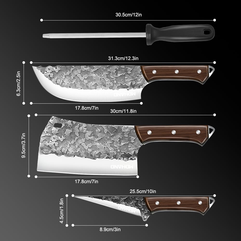 KEPEAK 4-Teilig Profi Metzgermesser Set mit Filetiermesser & Hackmesser & Ausbeinmesser und Schleifs