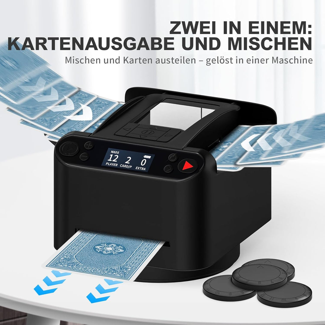 Automatischer Kartenmischer und Austeiler 2-in-1, 2 Kartensätze, unterstützt 2-12 Spieler, 4 Fernbed