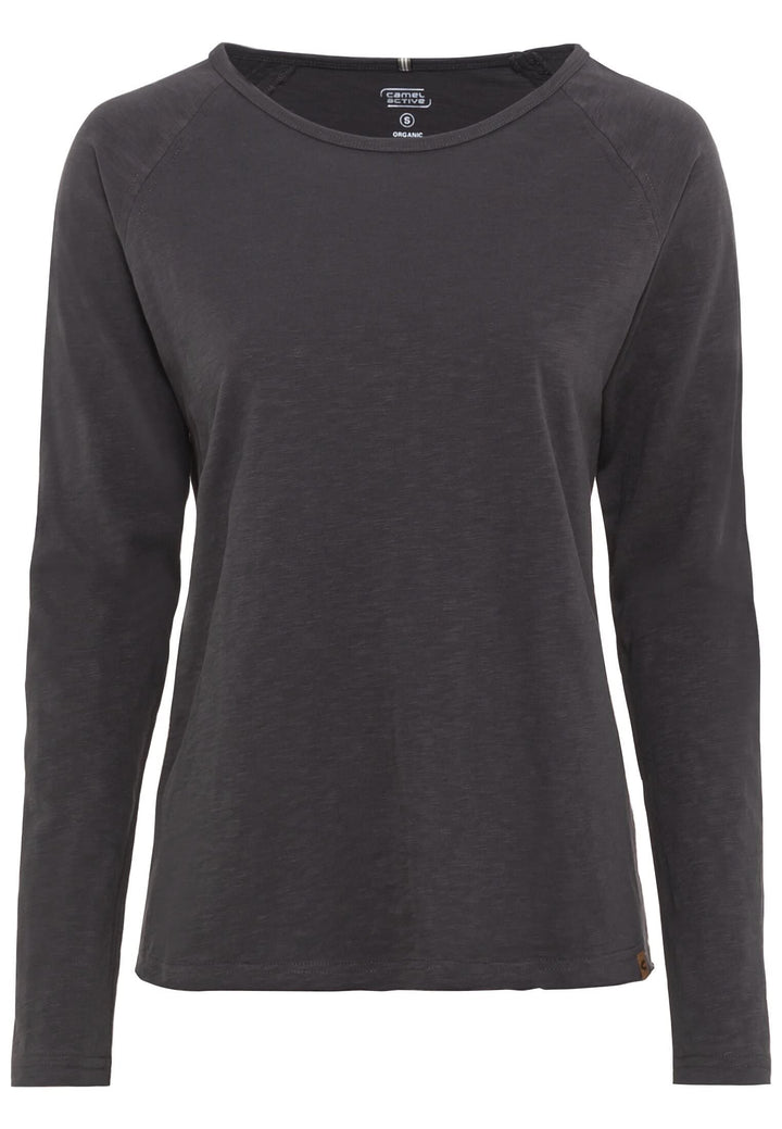 camel active Damen Basic Langarm T-Shirt mit Rundhalsausschnitt aus Reiner Baumwolle, Dunkelgrau