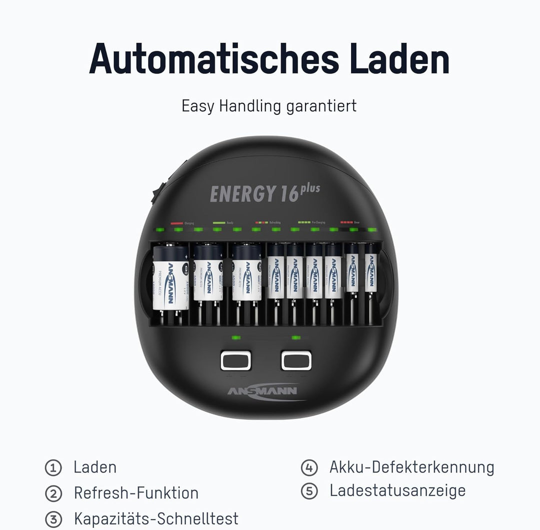 ANSMANN Energy 16 Plus Akku Ladegerät - Ladestation für AAA, AA, C, D, 9V E-Block & USB - Schnelllad