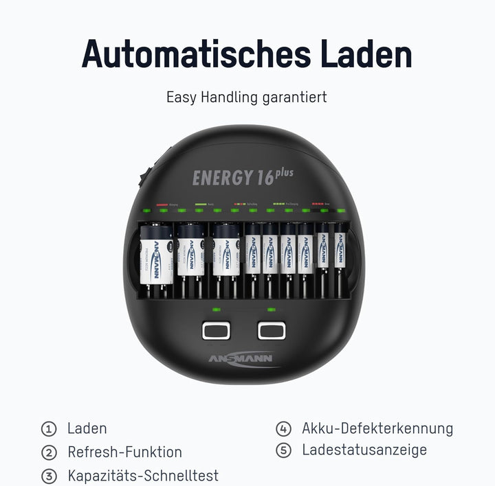 ANSMANN Energy 16 Plus Akku Ladegerät - Ladestation für AAA, AA, C, D, 9V E-Block & USB - Schnelllad