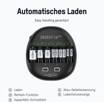ANSMANN Energy 16 Plus Akku Ladegerät - Ladestation für AAA, AA, C, D, 9V E-Block & USB - Schnelllad