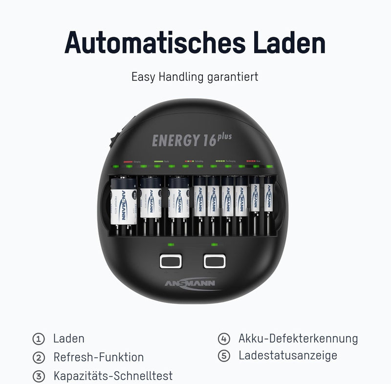 ANSMANN Energy 16 Plus Akku Ladegerät - Ladestation für AAA, AA, C, D, 9V E-Block & USB - Schnelllad