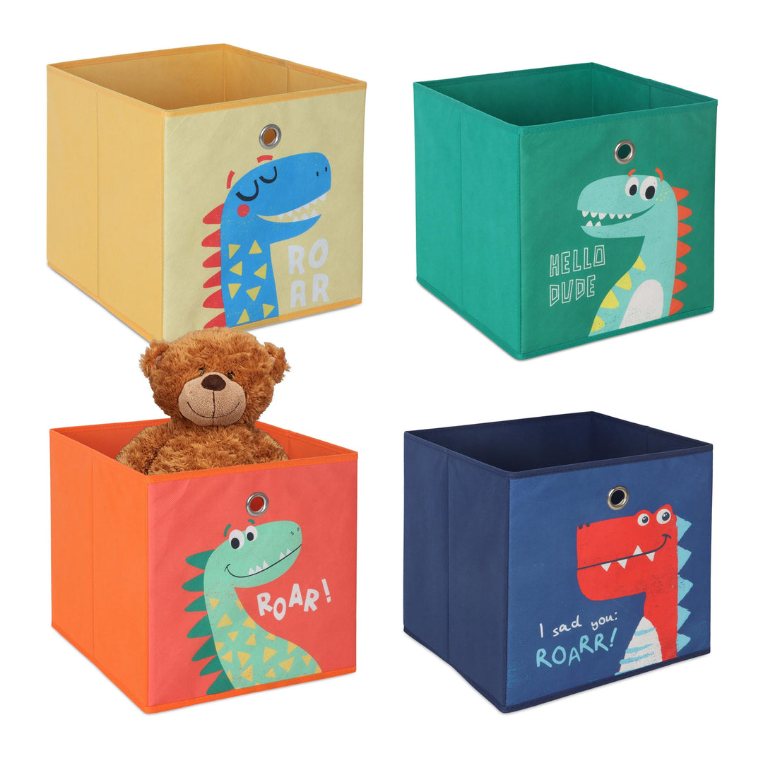 Relaxdays 4er Set, Kinder Aufbewahrungsboxen, süsse Dino-Motive, Faltbox für Würfelregale, HBT: 30x3