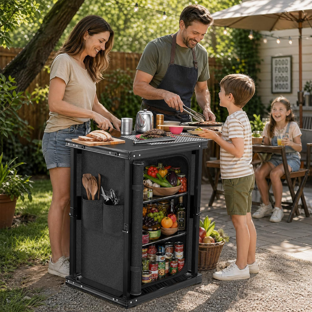 24MOVE® Campingküche faltbar, höhenverstellbarer Campingschrank Alu Reiseküche mit Arbeitsplatte und