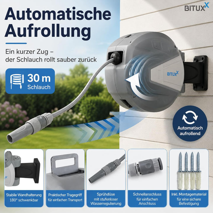 Bituxx Wand Wasser Schlauchtrommel Schlauchaufroller Wasserschlauchaufroller Schlauchbox Automatik (