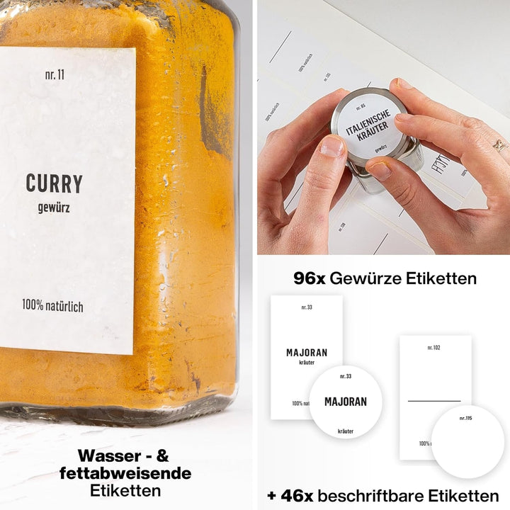 Deco haus® Gewürzgläser eckig luftdicht 12er Set [inkl. Etiketten & Streueinsatz] - Gewürzdosen Set