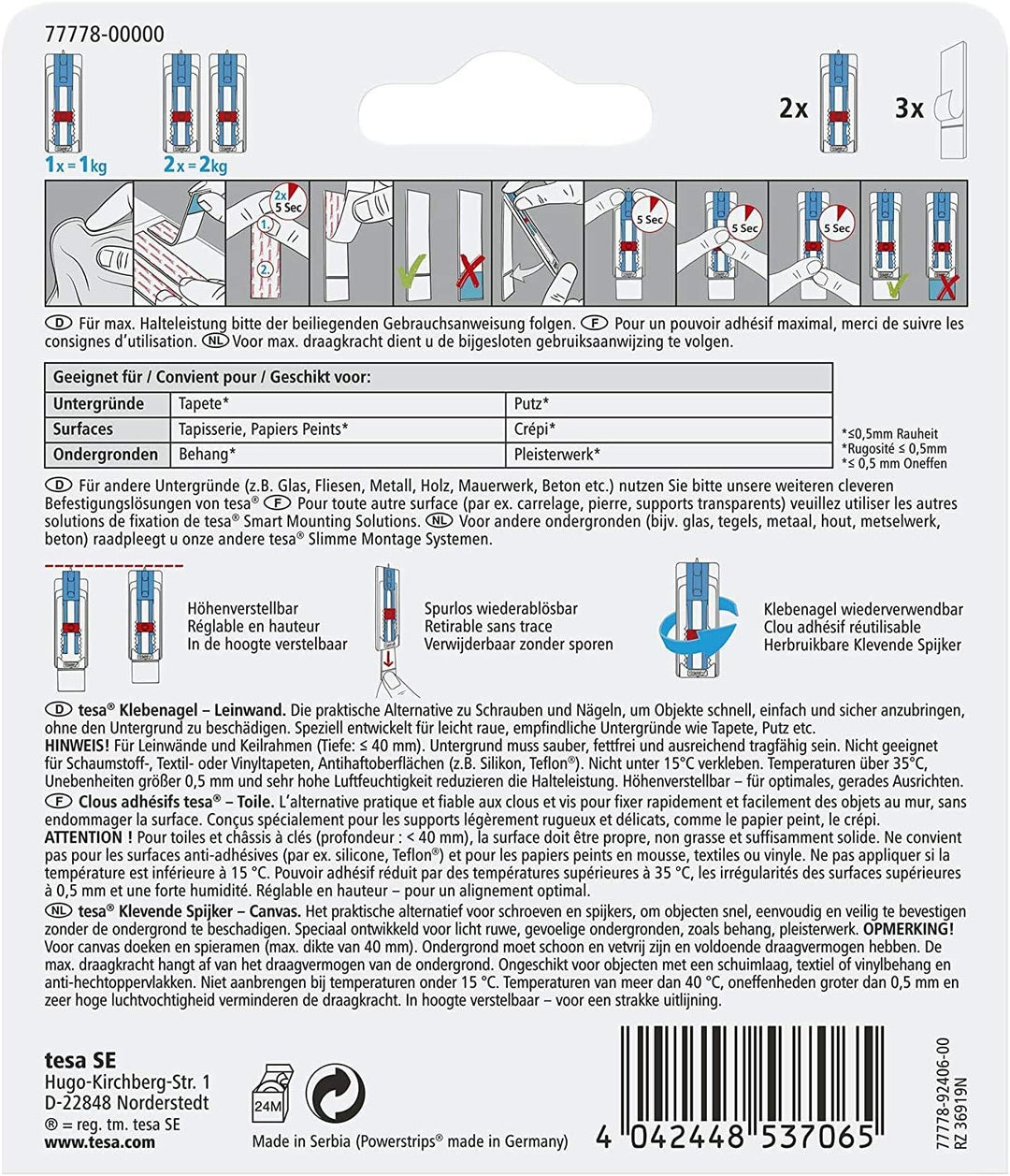 Tesa 77778 Klebenagel Tapeten & Putz-höhenverstellbar-Selbstklebender ideal für Leinwand & Keilrahme