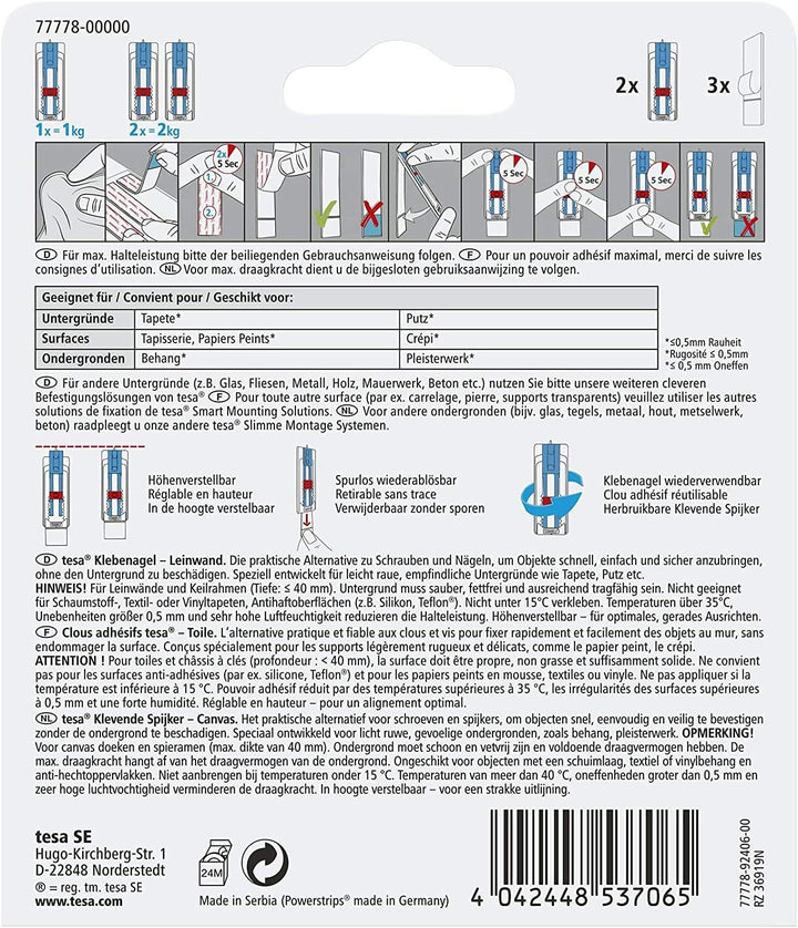 Tesa 77778 Klebenagel Tapeten & Putz-höhenverstellbar-Selbstklebender ideal für Leinwand & Keilrahme