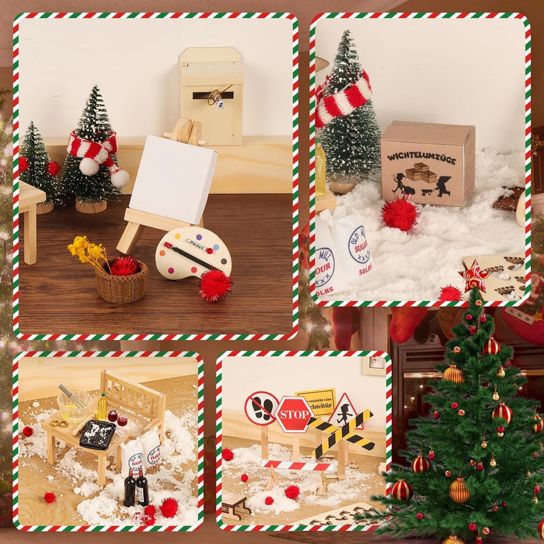 WILDPARTY 64Pcs Wichteltür Zubehör Weihnachten mit Briefen, Miniatur Feentür Leuchtend Komplettset,