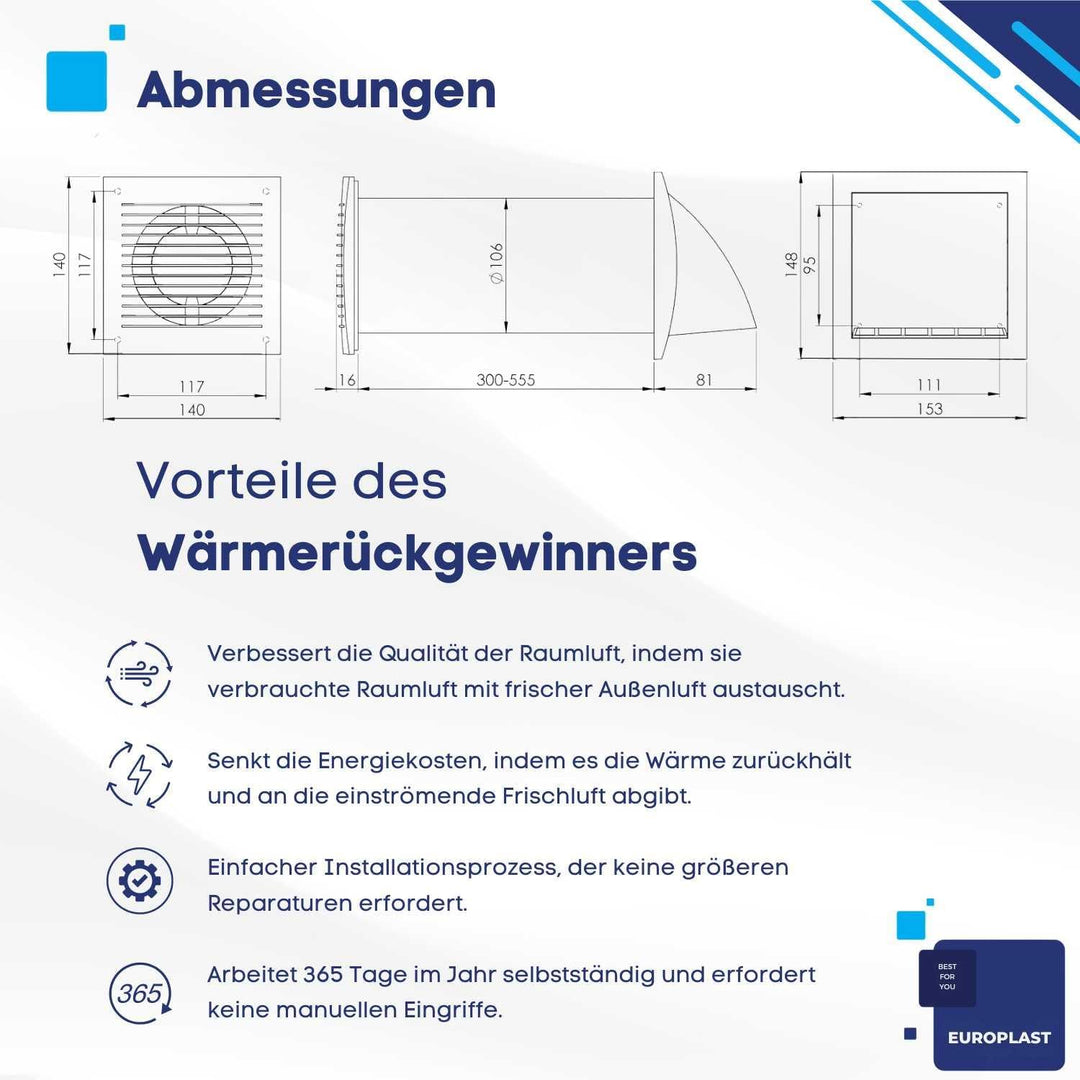 EUROPLAST 100mm Dezentrale Lüftung mit Wärmerückgewinnung mit Mit Kabel - Weiss Lüftungsanlage mit W