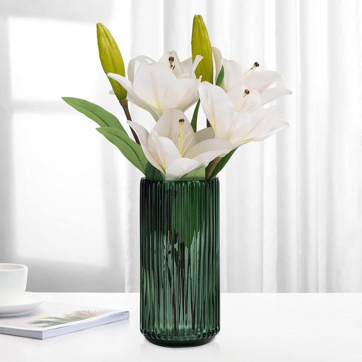 TIMEFOTO Blumenvase, 24.6 cm, grün, verdickt, handblasbare Glasvase, runde Vintage-gestreifte Flasch
