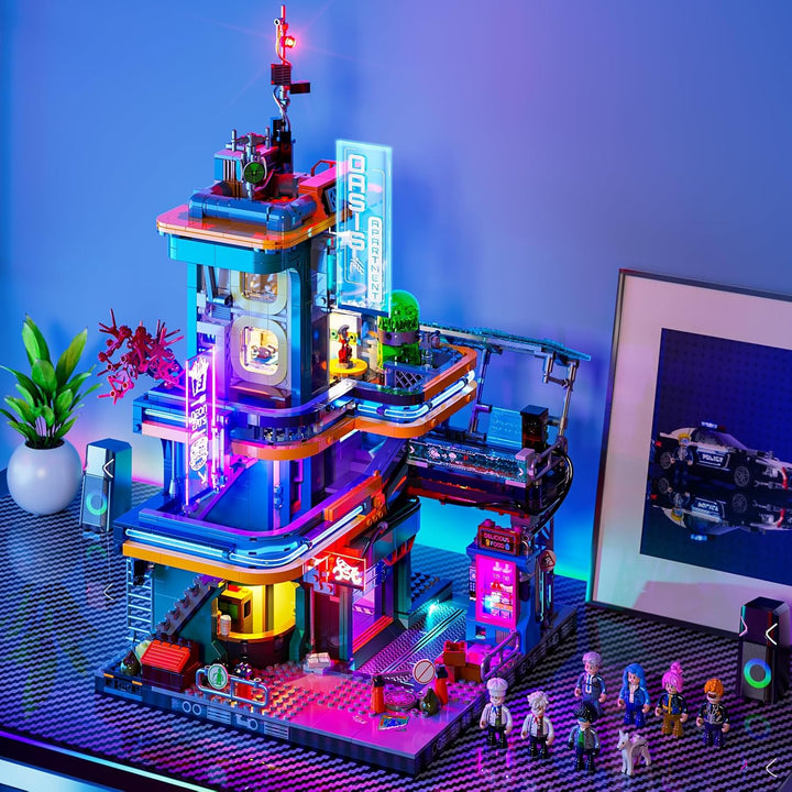 FUNWHOLE Cyberpunk-Villa Beleuchtetes Baustein-Set – 2524 Teile Zukunftsstadt-Modulgebäude Bausatz,