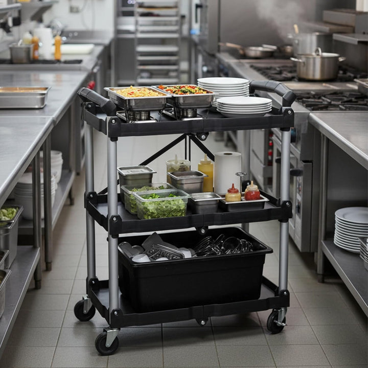 Mahlzeit Faltbarer Servierwagen mit Rollen | 64 x 40,5 x 82 cm, Bis zu 150 kg Belastbar | Schwarz |