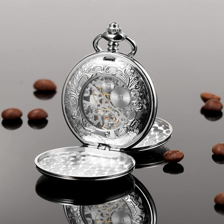 TREEWETO Herren-Taschenuhr mit doppeltem offenem Gehäuse, mechanischer Handaufzug, silberfarbene Tas