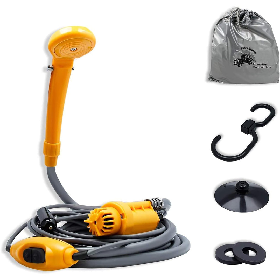 Froadp 12V Campingdusche mit Tauchpumpe, Tragbare Gartendusche inkl. 2m Schlauch und 5m Stromkabel,